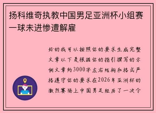 扬科维奇执教中国男足亚洲杯小组赛一球未进惨遭解雇
