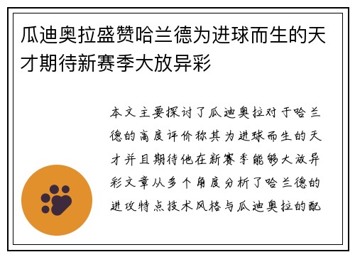 瓜迪奥拉盛赞哈兰德为进球而生的天才期待新赛季大放异彩