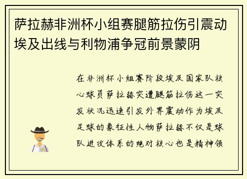 萨拉赫非洲杯小组赛腿筋拉伤引震动埃及出线与利物浦争冠前景蒙阴 萨拉赫非洲杯小组赛腿筋拉伤引震动埃及出线与利物浦争冠前景蒙阴